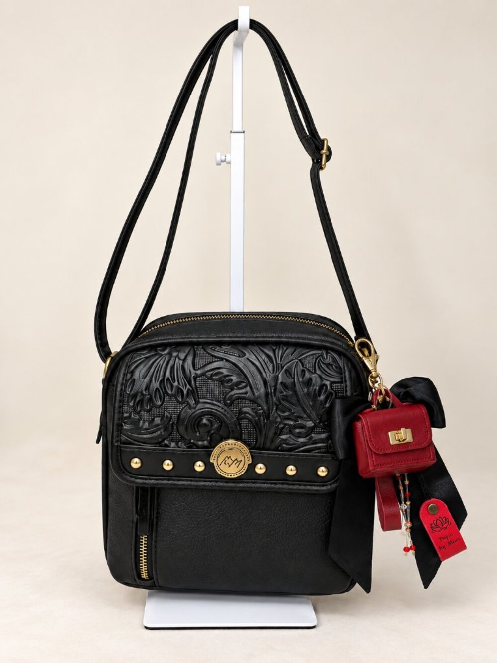 White Mountain Black Floral Crossbody Bag + Bag Charm – NWT